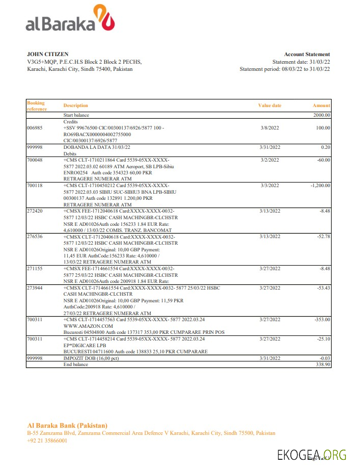 Relevé bancaire d'Al Baraka au Pakistan